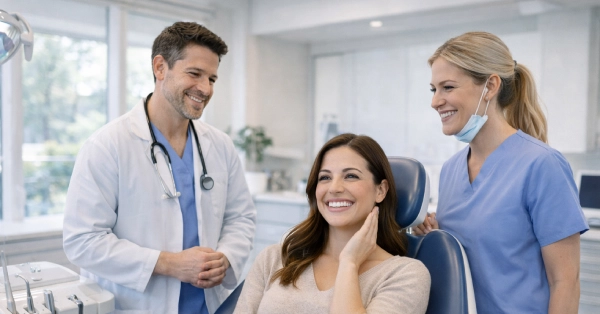 Bright modern dental clinic with patient in chair and dental team preparing – Dentist Office Near Me in San Francisco.